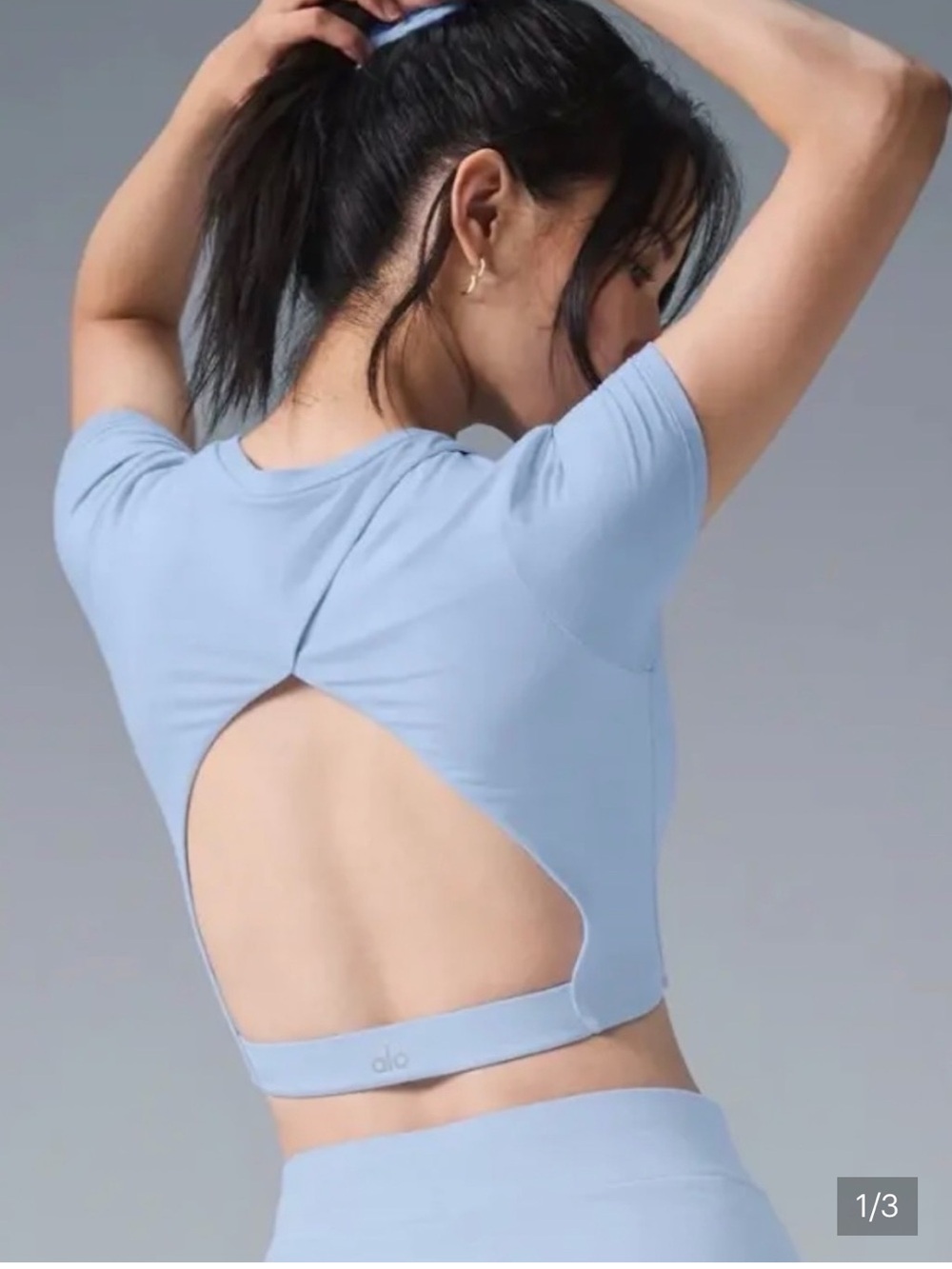 Alo Yoga Women’s Alosoft Crop BackSpin Short Sleeve Baby Blue Top Small